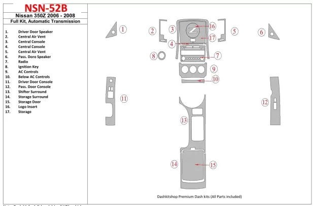 Nissan Z350 2006-2008 Ensemble complet, kit de garniture de tableau de bord intérieur BD à engrenage automatique - 1 Nissan Z350 2006-2008 Ensemble complet, kit de garniture de tableau de bord intérieur BD à engrenage automatique - 1