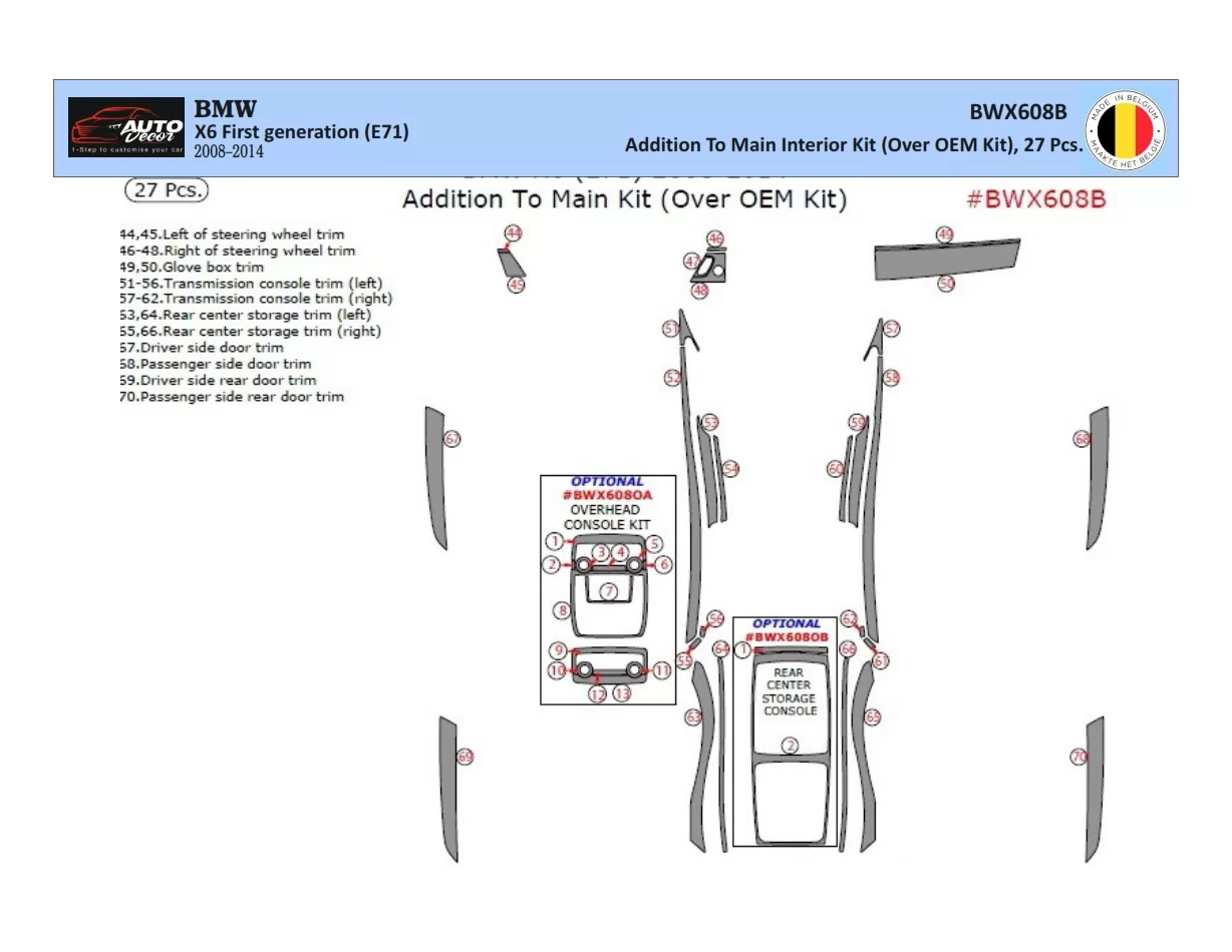 BMW X6 E71 2008-2014 Kit de garniture de tableau de bord intérieur 3D Dash Trim Dekor 27-Parts - 1