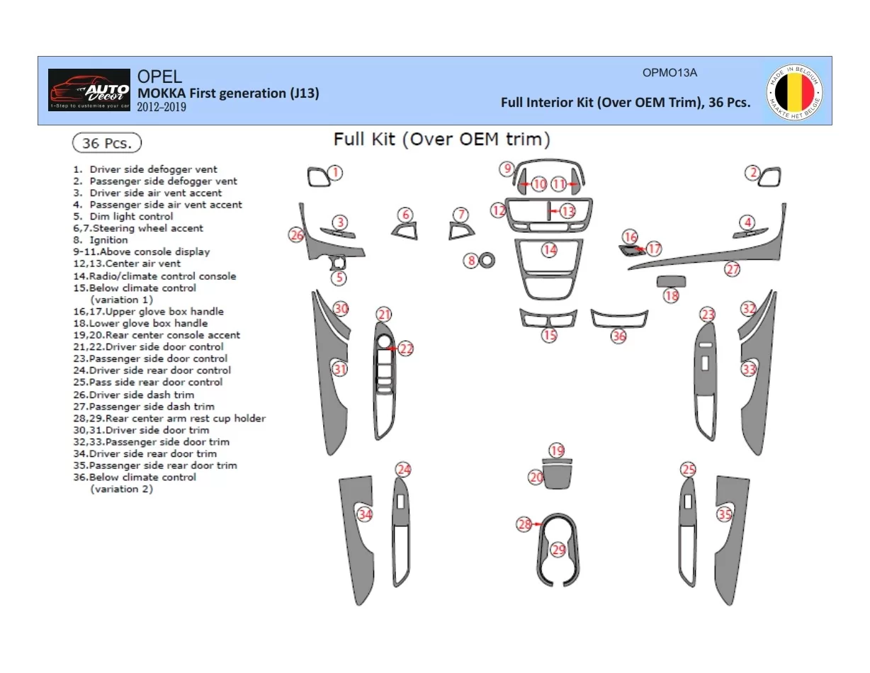 Opel Mokka ab 2012 Kit de garniture de tableau de bord intérieur 3D Dash Trim Dekor 35-Parts - 1