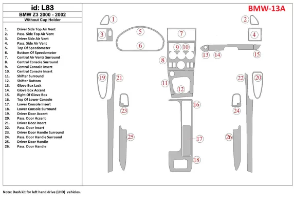 BMW Z3 2000-2003 Sans porte-verre Kit Décoration Tableau de Bord Intérieur BD - 1 BMW Z3 2000-2003 Sans porte-verre Kit Décoration Tableau de Bord Intérieur BD - 1
