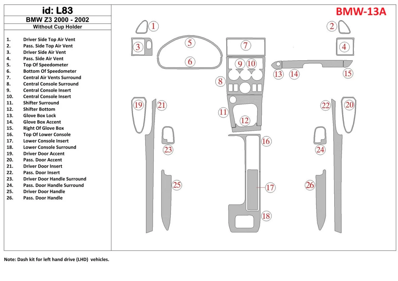 BMW Z3 2000-2003 Sans porte-verre Kit Décoration Tableau de Bord Intérieur BD - 1
