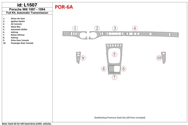 Porsche 968 1987-1994 Ensemble complet, kit de décoration de tableau de bord BD intérieur à vitesse automatique - 1 Porsche 968 1987-1994 Ensemble complet, kit de décoration de tableau de bord BD intérieur à vitesse automatique - 1