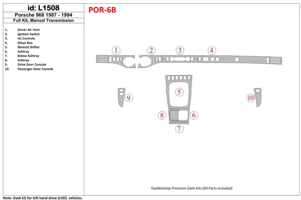 Porsche 968 1987-1994 Full Set, Manual Gear Box Interior BD Dash Trim Kit - 1