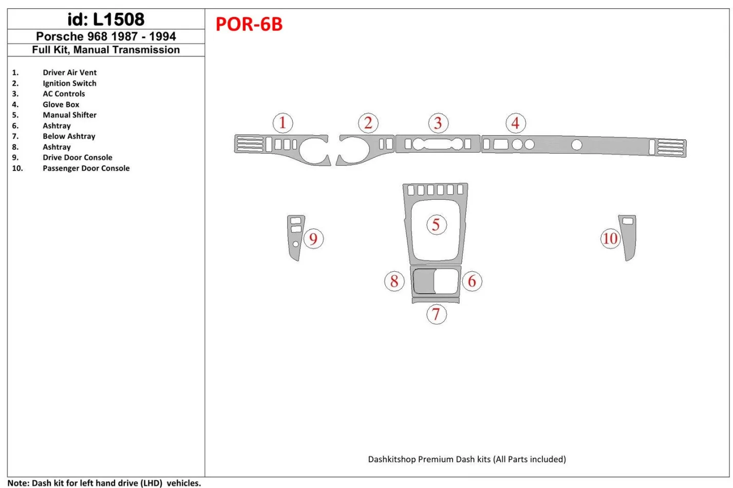 Porsche 968 1987-1994 Full Set, Manual Gear Box Interior BD Dash Trim Kit - 1