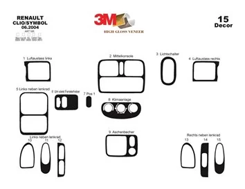 Renault Clio Symbol 06.04-09.08 Kit de garnitures de tableau de bord intérieur 3D Dash Trim Dekor 15-Parts