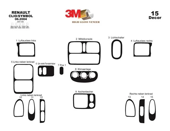 Renault Clio Symbol 06.04-09.08 Kit de garnitures de tableau de bord intérieur 3D Dash Trim Dekor 15-Parts