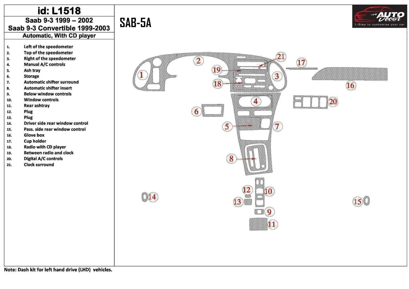 Saab 9-3 1999-2002 Automatic Gearbox, With CD Player, Without OEM Interior BD Dash Trim Kit - 1 - Interior Dash Trim Kit