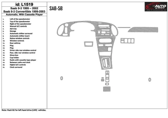 Saab 9-3 1999-2002 Automatic Gearbox, With Compact Casette player, Without OEM, 21 Parts set Interior BD Dash Trim Kit - 1 - Int Saab 9-3 1999-2002 Automatic Gearbox, With Compact Casette player, Without OEM, 21 Parts set Interior BD Dash Trim Kit - 1 - Int