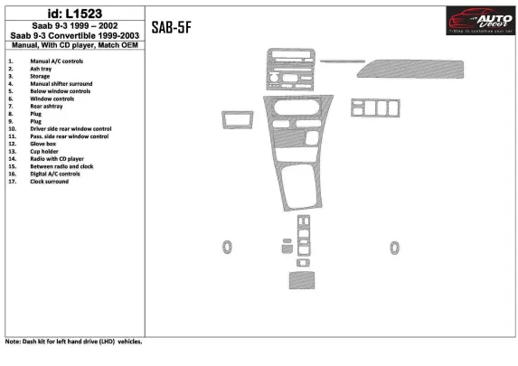 Saab 9-3 1999-2002 Manual Gearbox, With CD Player, OEM Compliance, 17 Parts set Interior BD Dash Trim Kit - 1 - Interior Dash Tr Saab 9-3 1999-2002 Manual Gearbox, With CD Player, OEM Compliance, 17 Parts set Interior BD Dash Trim Kit - 1 - Interior Dash Tr