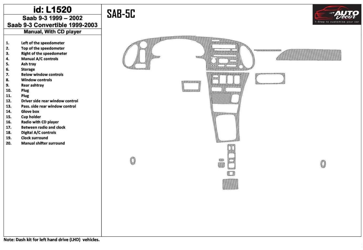 Saab 9-3 1999-2002 Manual Gearbox, With CD Player, Without OEM, 20 Parts set Interior BD Dash Trim Kit - 1 - Interior Dash Trim 