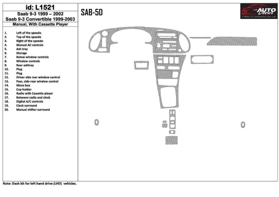 Saab 9-3 1999-2002 Boîte de vitesses manuelle, Avec lecteur de cassettes compactes, Sans OEM, Ensemble de 20 pièces Kit de décor Saab 9-3 1999-2002 Boîte de vitesses manuelle, Avec lecteur de cassettes compactes, Sans OEM, Ensemble de 20 pièces Kit de décor