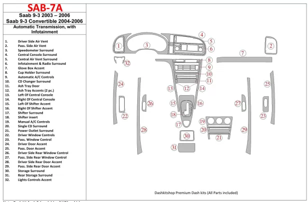 Saab 9-3 2003-2006 Automatic Gear, With Infotaintment Interior BD Dash Trim Kit - 1 - Interior Dash Trim Kit Saab 9-3 2003-2006 Automatic Gear, With Infotaintment Interior BD Dash Trim Kit - 1 - Interior Dash Trim Kit