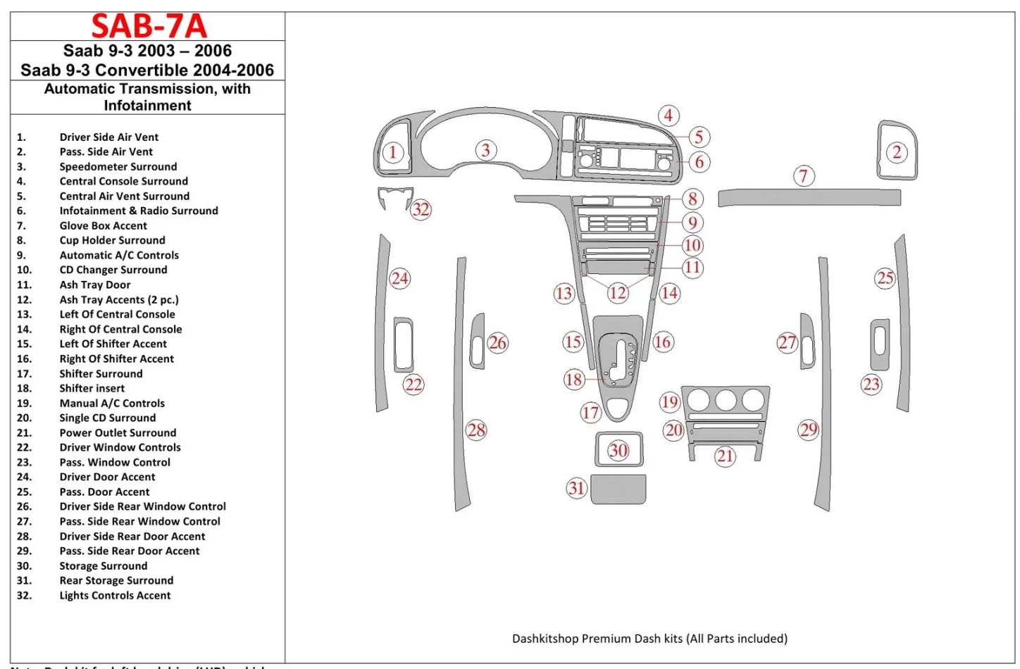 Saab 9-3 2003-2006 Automatic Gear, With Infotaintment Interior BD Dash Trim Kit - 1 - Interior Dash Trim Kit