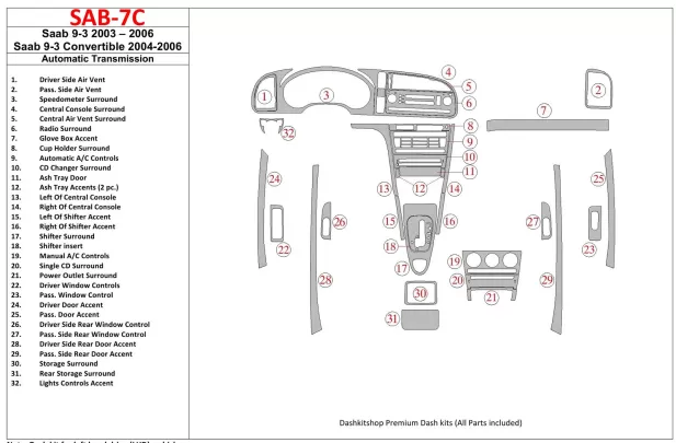 Saab 9-3 2003-2006 Automatic Gear, Without Infotainment Center Interior BD Dash Trim Kit - 1 - Interior Dash Trim Kit Saab 9-3 2003-2006 Automatic Gear, Without Infotainment Center Interior BD Dash Trim Kit - 1 - Interior Dash Trim Kit