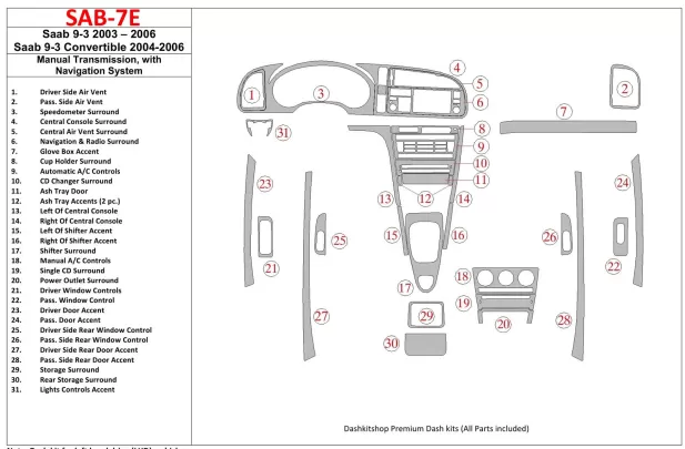 Saab 9-3 2003-2006 Manual Gear Box, With NAVI Interior BD Dash Trim Kit - 1 - Interior Dash Trim Kit Saab 9-3 2003-2006 Manual Gear Box, With NAVI Interior BD Dash Trim Kit - 1 - Interior Dash Trim Kit