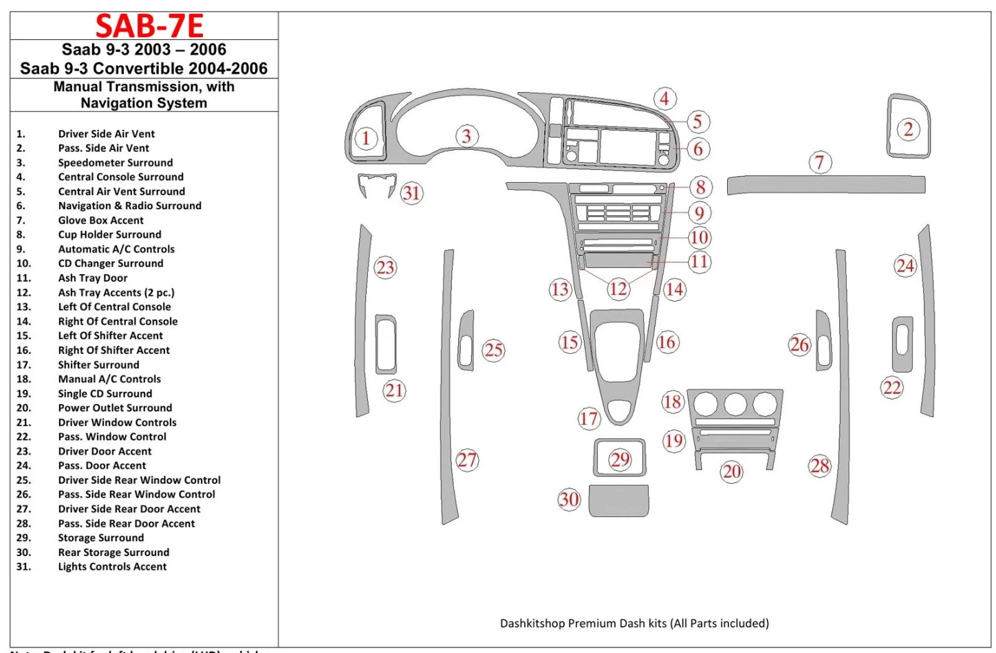 Saab 9-3 2003-2006 Handgeschakelde versnellingsbak, met NAVI interieur BD Dash Trim Kit - 1
