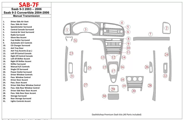 Saab 9-3 2003-2006 Manual Gear Box, Without Infotainment Center Interior BD Dash Trim Kit - 1 - Interior Dash Trim Kit Saab 9-3 2003-2006 Manual Gear Box, Without Infotainment Center Interior BD Dash Trim Kit - 1 - Interior Dash Trim Kit