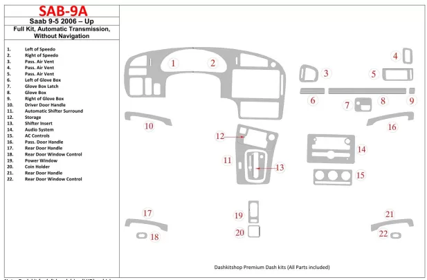 Ensemble complet Saab 9-5 2006-UP, vitesse automatique, sans NAVI intérieur BD garniture de tableau de bord - 1 Ensemble complet Saab 9-5 2006-UP, vitesse automatique, sans NAVI intérieur BD garniture de tableau de bord - 1