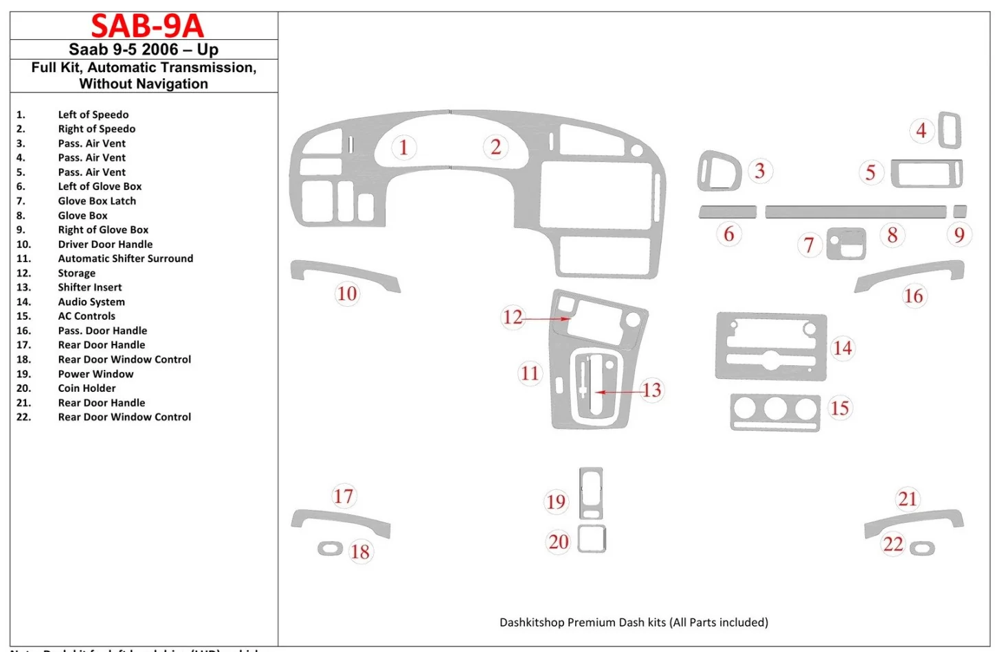 Ensemble complet Saab 9-5 2006-UP, vitesse automatique, sans NAVI intérieur BD garniture de tableau de bord - 1