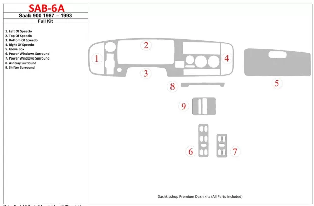 Saab 900 1987-1993 Kit complet de garnitures de tableau de bord intérieur BD - 1 Saab 900 1987-1993 Kit complet de garnitures de tableau de bord intérieur BD - 1