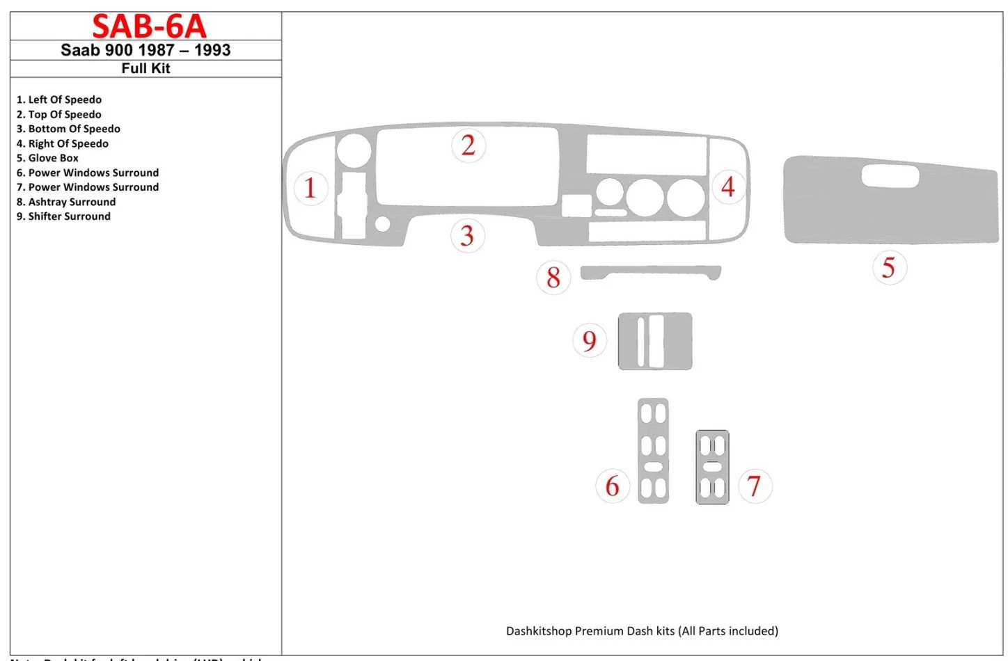 Saab 900 1987-1993 Kit complet de garnitures de tableau de bord intérieur BD - 1