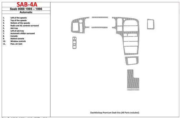 Saab 9000 1995-1996 Automatic Gearbox, 11 Parts set Interior BD Dash Trim Kit - 1 - Interior Dash Trim Kit Saab 9000 1995-1996 Automatic Gearbox, 11 Parts set Interior BD Dash Trim Kit - 1 - Interior Dash Trim Kit