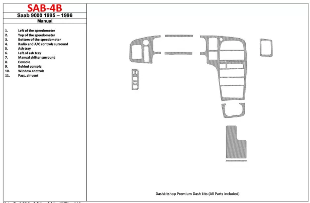Saab 9000 1995-1996 Manual Gearbox, 11 Parts set Interior BD Dash Trim Kit - 1 - Interior Dash Trim Kit Saab 9000 1995-1996 Manual Gearbox, 11 Parts set Interior BD Dash Trim Kit - 1 - Interior Dash Trim Kit