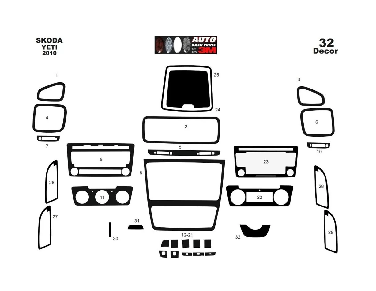 Skoda Yeti 01.2010 3D Interior Dashboard Trim Kit Dash Trim Dekor 36-Parts - 1 - Interior Dash Trim Kit