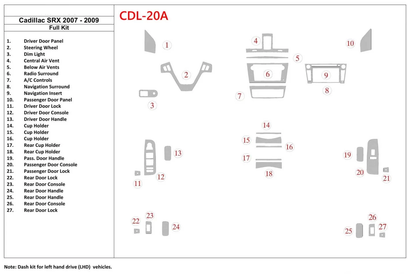 Cadillac SRX 2007-2009 volledige set interieur BD dash trim kit - 1