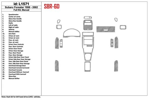 Subaru Forester 1998-2002 Manual Gearbox, Full Set, 31 Parts set Interior BD Dash Trim Kit - 1 - Interior Dash Trim Kit Subaru Forester 1998-2002 Manual Gearbox, Full Set, 31 Parts set Interior BD Dash Trim Kit - 1 - Interior Dash Trim Kit