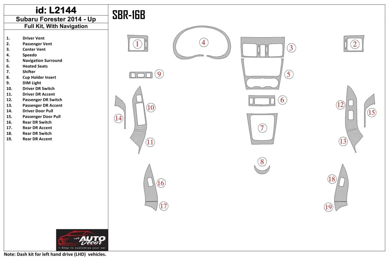 Subaru Forester 2014-UP Volledige set, zonder NAVI Interieur BD Dash Trim Kit - 1