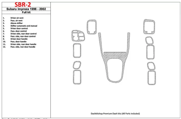 Subaru Impreza 1996-2001 Ensemble complet de garnitures de tableau de bord intérieur BD - 1