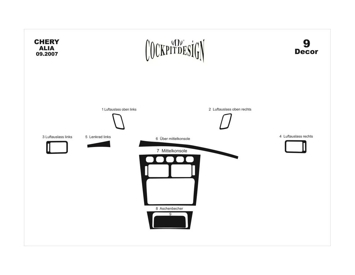 Chery Alia 09.2007 3D Interior Dashboard Trim Kit Dash Trim Dekor 9-Parts - 1 - Interior Dash Trim Kit