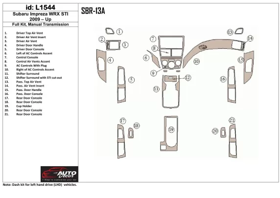 Subaru Impreza 2009-UP Ensemble complet, kit de garniture de tableau de bord intérieur BD pour boîte de vitesses manuelle - 1 Subaru Impreza 2009-UP Ensemble complet, kit de garniture de tableau de bord intérieur BD pour boîte de vitesses manuelle - 1