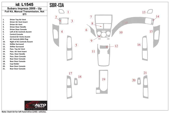 Subaru Impreza 2009-UP Ensemble complet, boîte de vitesses manuelle, Kit de garniture de tableau de bord STI Interior BD - 1