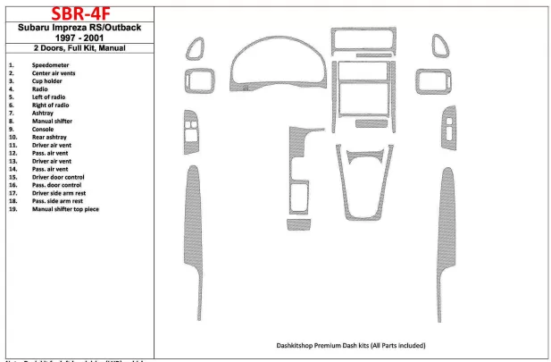 Subaru Impreza RS 1997-UP 2 Doors, Manual Gearbox, Full Set, 19 Parts set Interior BD Dash Trim Kit - 1 - Interior Dash Trim Kit Subaru Impreza RS 1997-UP 2 Doors, Manual Gearbox, Full Set, 19 Parts set Interior BD Dash Trim Kit - 1 - Interior Dash Trim Kit