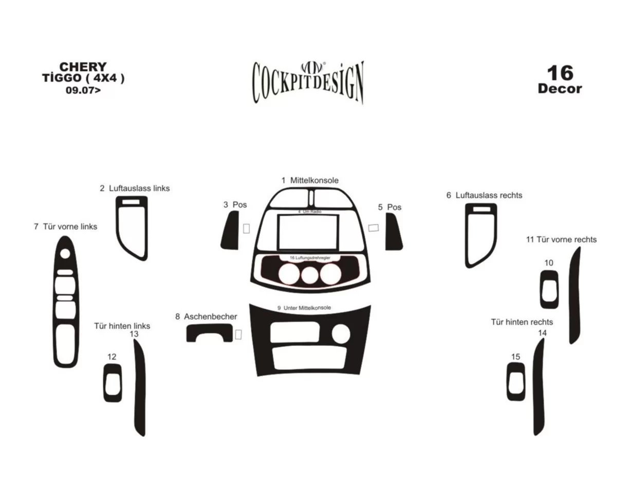 Chery Tiggo 4x4 09.2007 Kit de garniture de tableau de bord intérieur 3D Dash Trim Dekor 16-Parts - 1