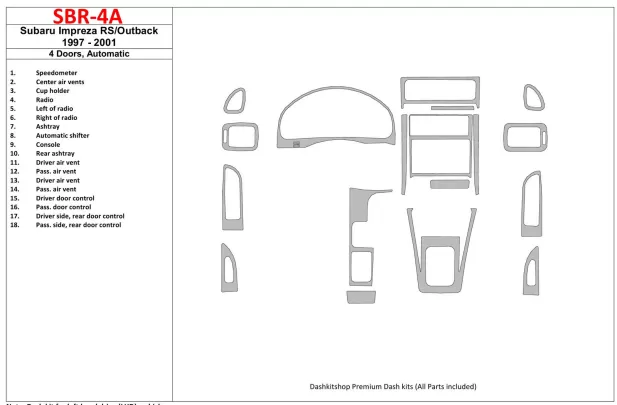 Subaru Impreza RS 1997-UP 4 portes, boîte de vitesses automatique, ensemble de 18 pièces Kit de garniture de tableau de bord int