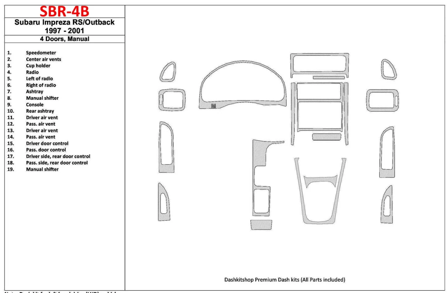 Subaru Impreza RS 1997-UP 4 portes, boîte de vitesses manuelle, ensemble de 19 pièces Kit de garniture de tableau de bord intéri