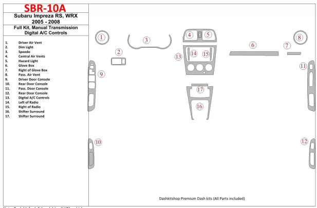 Subaru Impreza WRX 2005-2008 Volledige set, handgeschakelde versnellingsbak, automatische AC-regeling Interieur BD Dash Trim Kit