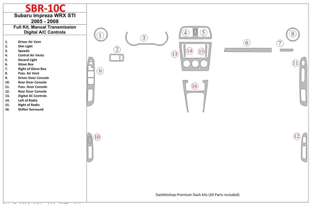 Subaru Impreza WRX 2005-2008 Ensemble complet, boîte de vitesses manuelle, kit de garniture de tableau de bord intérieur BD à co
