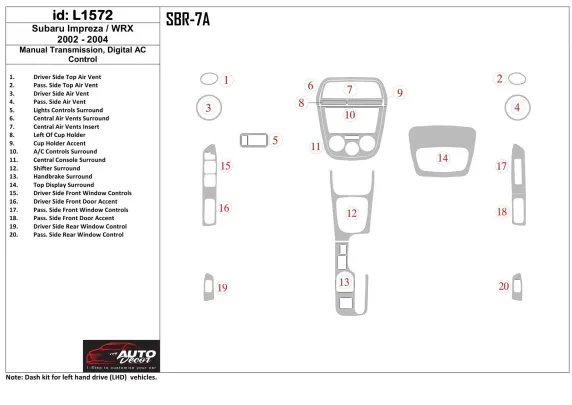 Subaru Impreza/WRX 2002-2004 Manual Gear Box, Automatic AC Control Interior BD Dash Trim Kit - 1 - Interior Dash Trim Kit Subaru Impreza/WRX 2002-2004 Manual Gear Box, Automatic AC Control Interior BD Dash Trim Kit - 1 - Interior Dash Trim Kit
