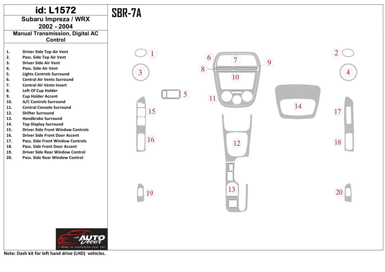 Boîte de vitesses manuelle Subaru Impreza/WRX 2002-2004, kit de garniture de tableau de bord BD intérieur à commande automatique