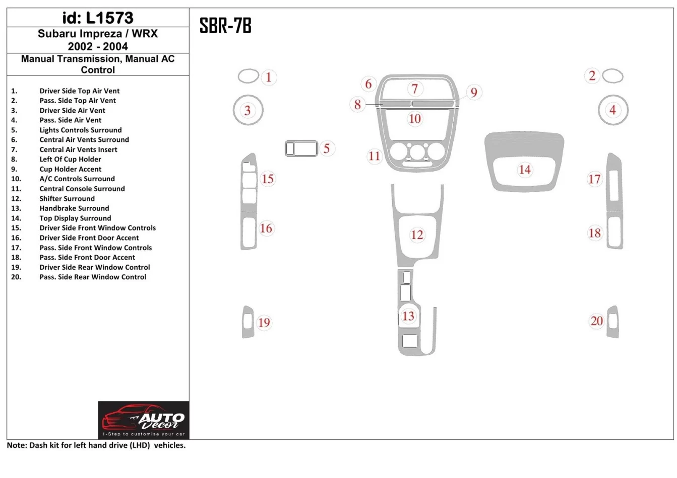 Subaru Impreza/WRX 2002-2004 Handgeschakelde versnellingsbak, Handgeschakelde versnellingsbak AC-bediening Interieur BD Dash Tri