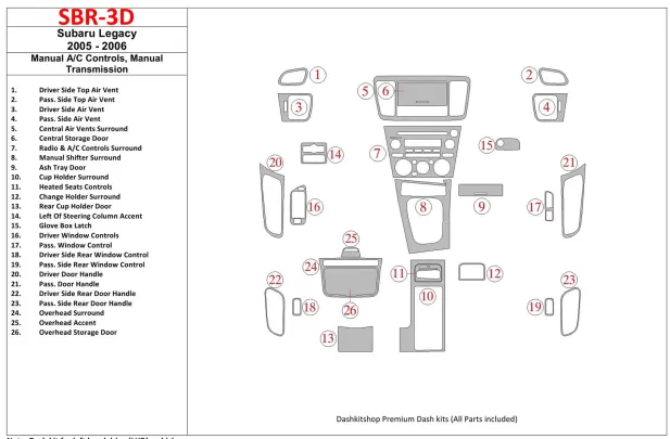 Subaru Legacy 2005-2006 Boîte de vitesses manuelle AC Control, Boîte de vitesses manuelle Intérieur BD Dash Trim Kit - 1 Subaru Legacy 2005-2006 Boîte de vitesses manuelle AC Control, Boîte de vitesses manuelle Intérieur BD Dash Trim Kit - 1