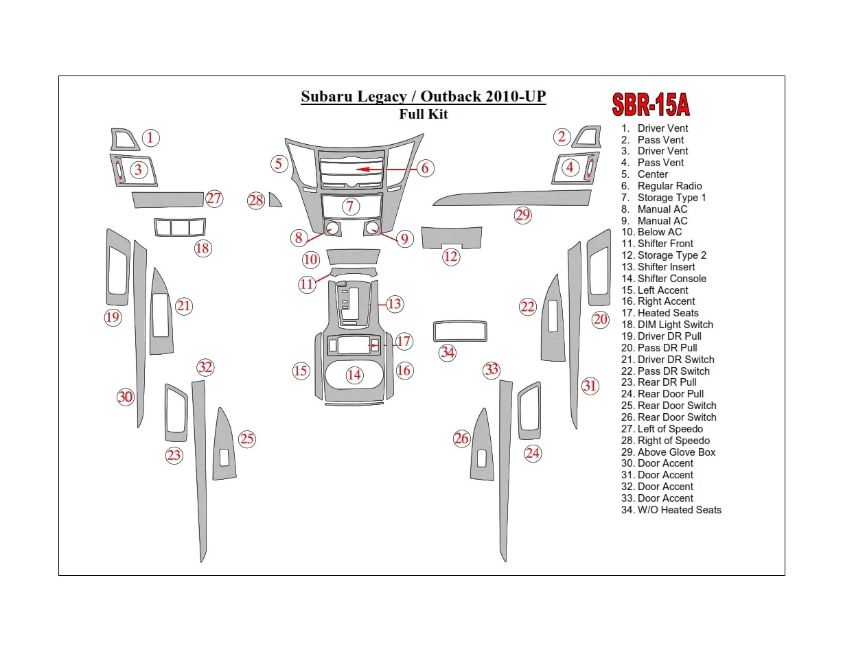 Subaru Outback 2010-UP Kit de garnitures de tableau de bord intérieur BD - 1