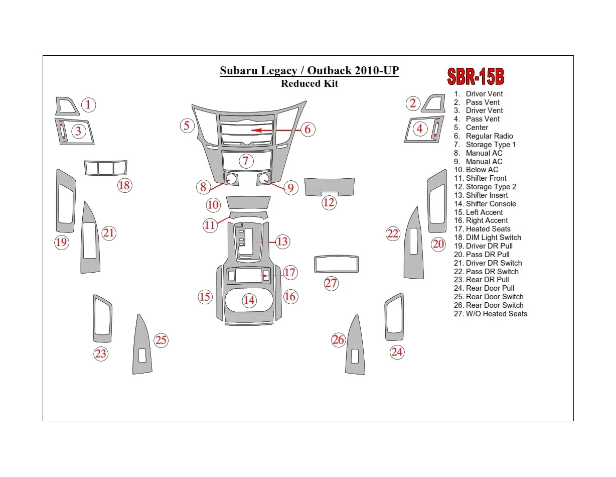 Subaru Outback 2010-UP Kit de garnitures de tableau de bord intérieur BD - 1