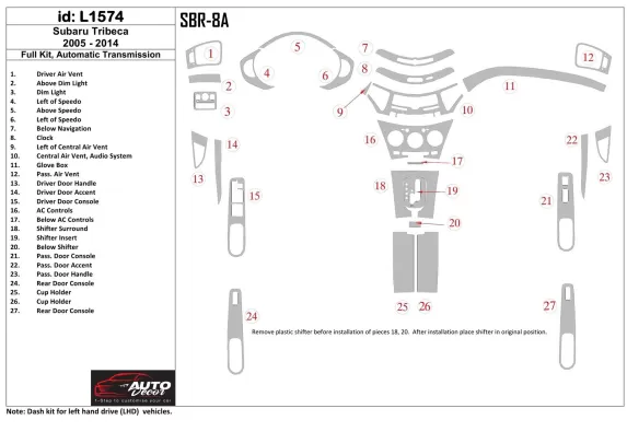 Subaru Tribeca 2006-UP Full Set, Automatic Gear Interior BD Dash Trim Kit - 1 - Interior Dash Trim Kit Subaru Tribeca 2006-UP Full Set, Automatic Gear Interior BD Dash Trim Kit - 1 - Interior Dash Trim Kit