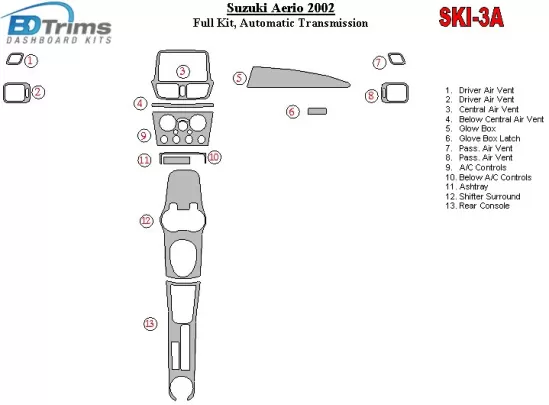 Suzuki Aerio 2002-2002 volledige set, automatische versnellingsbak interieur BD dash trim kit - 1