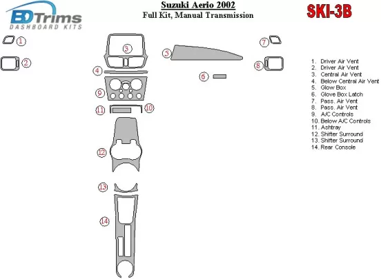 Suzuki Aerio 2002-2002 Volledige set, handgeschakelde versnellingsbak Interieur BD Dash Trim Kit - 1